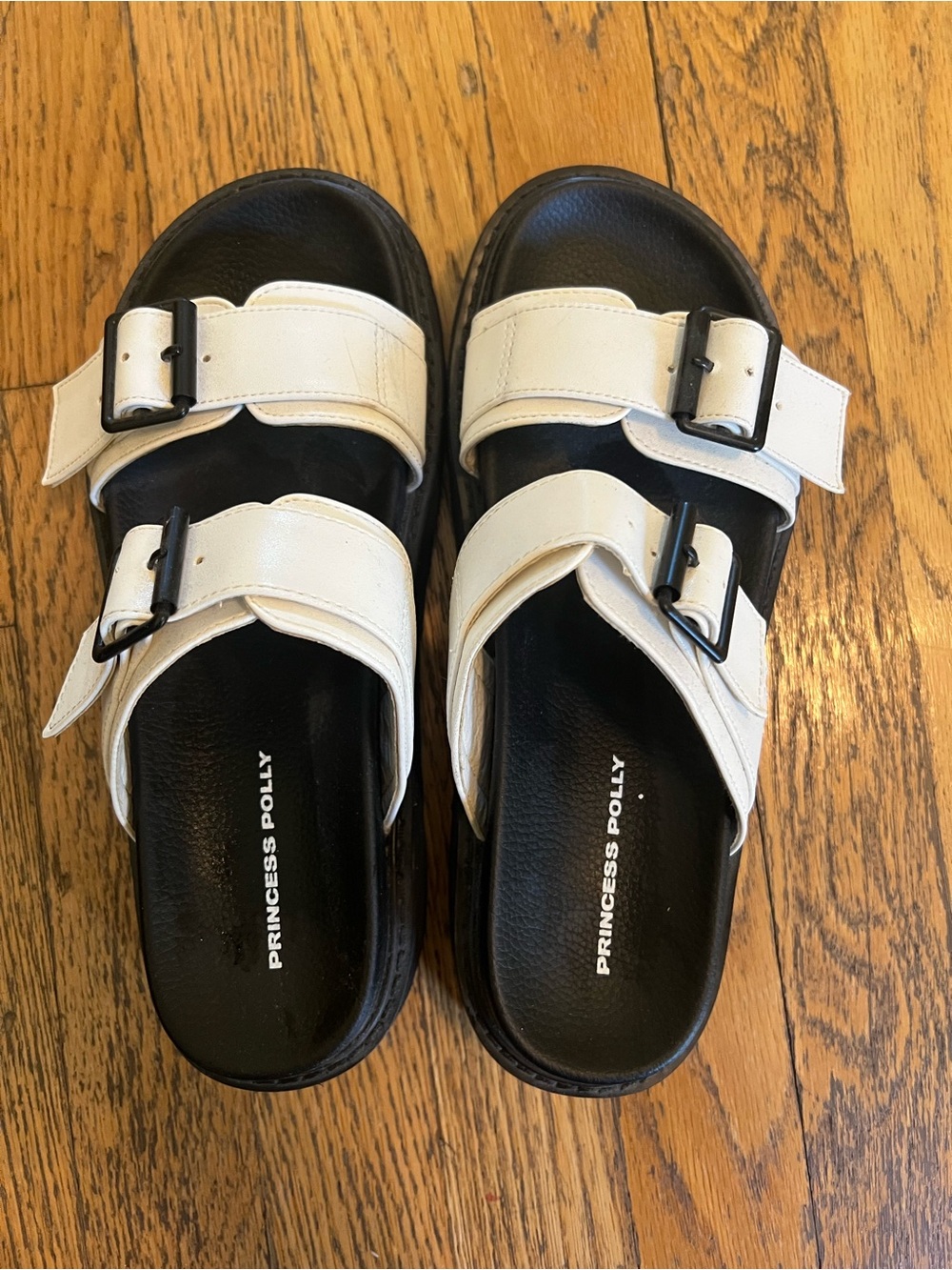 Princess Polly White Double-Buckle Slide Sandals